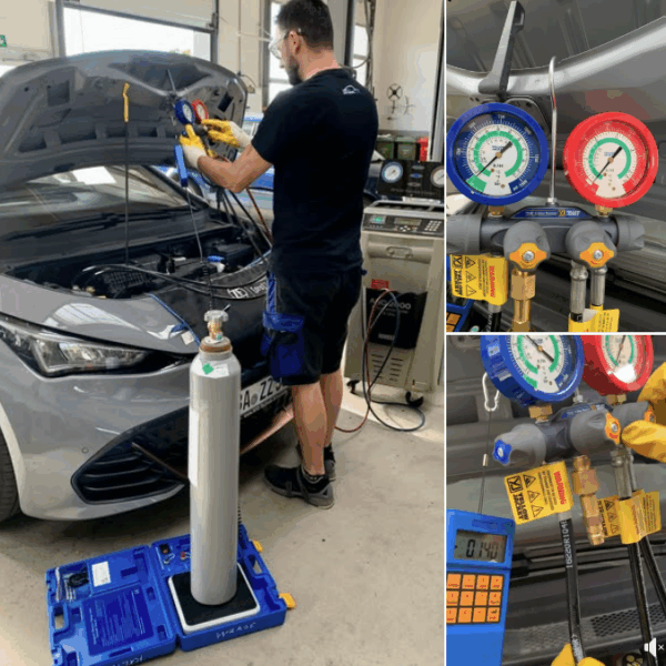 Klimaservice mit R744 (CO₂) – Servicetechniker prüft Klimaanlage mit Manometer bei KFZ-Technik Schmitt in Oberhaid