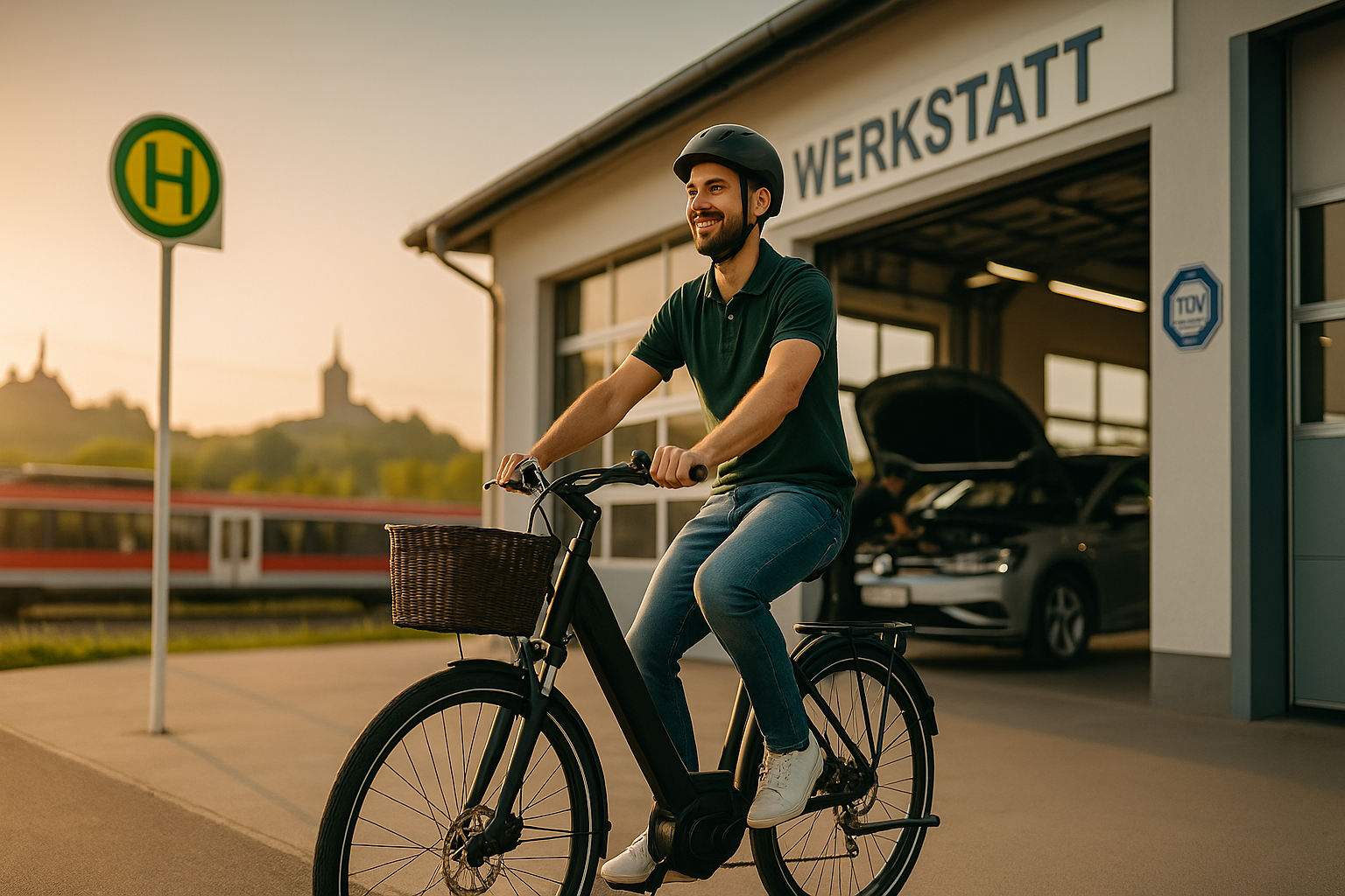 Kunde mit E-Bike vor KFZ-Technik Schmitt in Oberhaid – nachhaltige Mobilität während der Reparatur; Bushaltestelle und Regionalbahn in der Nähe (Bamberg).